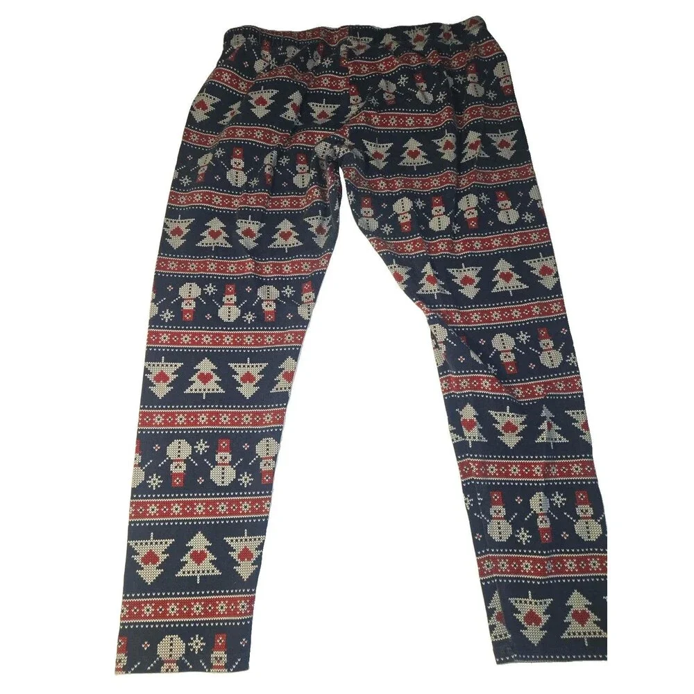 Junior Womens Blue & Red Snowman & Christmas Tree Holiday Leggings Pants XXL